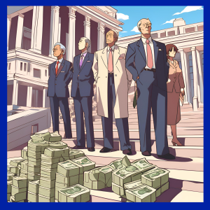 a (tax) hike. people standing outside a building with piles of money in front of them