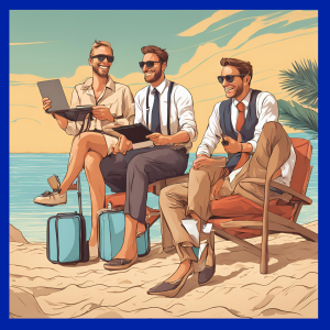 Flexible time off. Three accountants working while sat on a beach