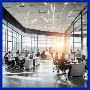 Bots-first accounting. Group of people at desks working in an office