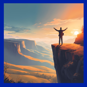 Building trust in accounting automation. Man stood on top of a cliff with his arm lifted up, he's looking at the beautiful view beyond