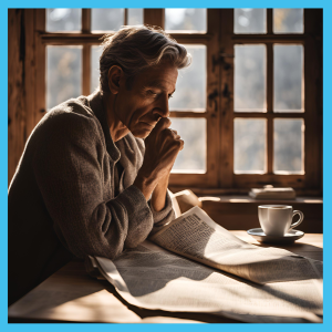 A gov.uk chatbot? Man sitting at a table reading a newspaper, a coffee cup on his desk