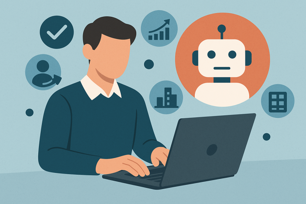 Case studies - man with no face typing on a laptop with bot in a bubble