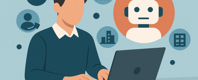 Case studies - man with no face typing on a laptop with bot in a bubble