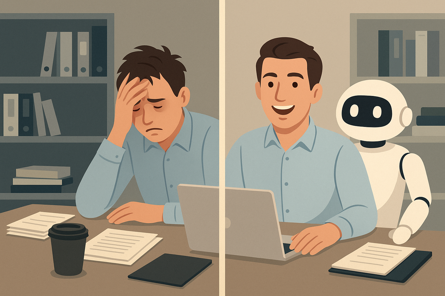 Burnout. An accountant struggling with burnout on one side, on the other side they are thriving using a beanie bot