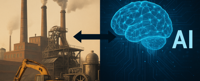 AI is like the industrial revolution - image of a factory and digger next to an image of a brain with the text AI next to it