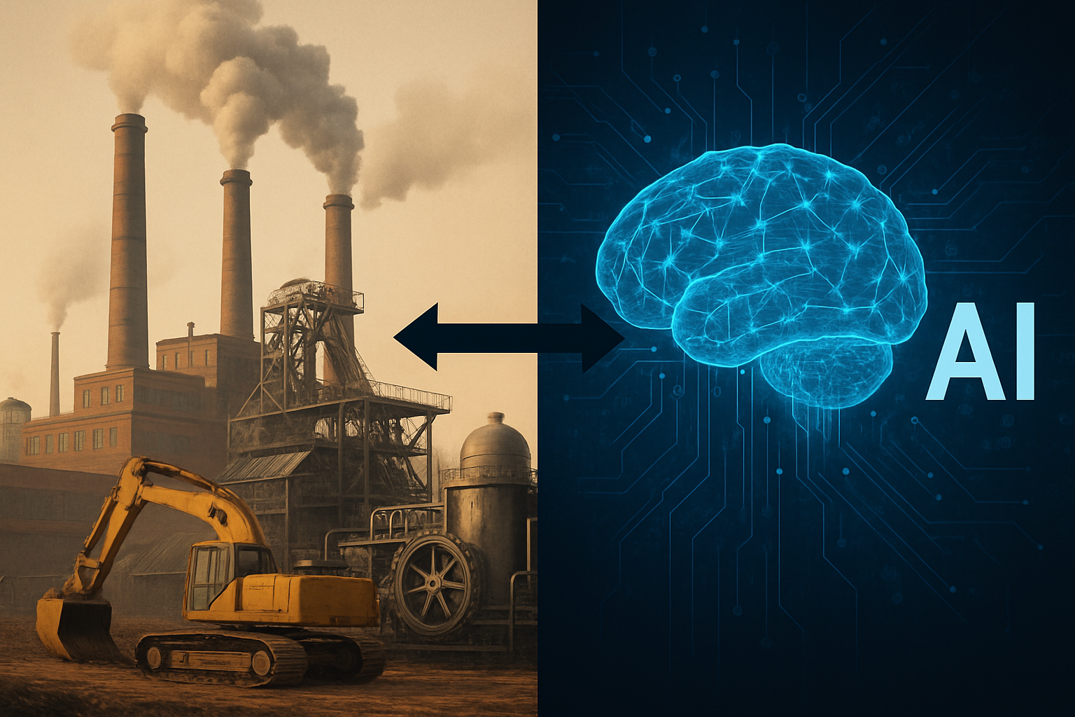 AI is like the industrial revolution - image of a factory and digger next to an image of a brain with the text AI next to it