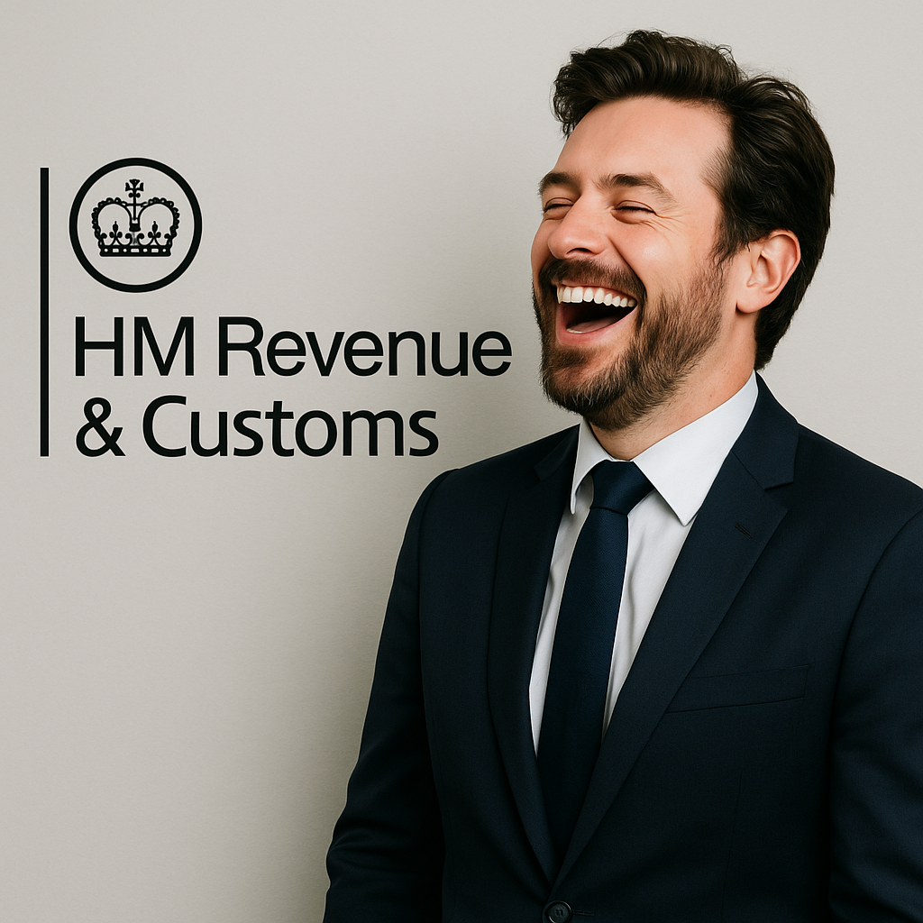tax checker. A man laughing at HMRC