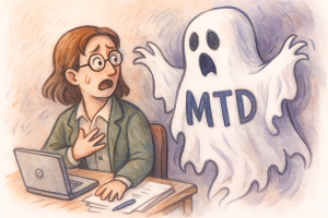 Accountant sat at her desk being scared by a ghost with MTD written across it