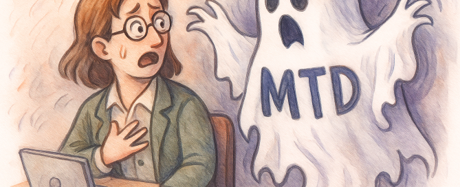Accountant sat at her desk being scared by a ghost with MTD written across it