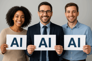 retain clients. Image of an accountant in the middle of two clients, all holding up a sign that says 'AI', they are smiling