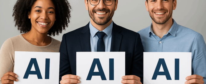 retain clients. Image of an accountant in the middle of two clients, all holding up a sign that says 'AI', they are smiling