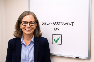 tax checker - an accountant smiling because her self-assessment tax has been solved early