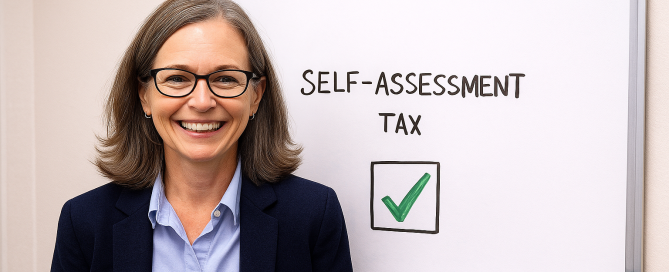 tax checker - an accountant smiling because her self-assessment tax has been solved early