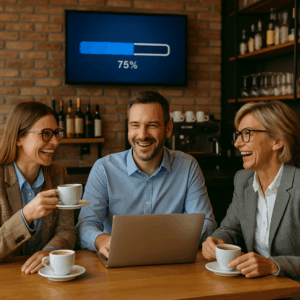 bookkeepers, sat around a table with coffee and a laptop on the table. In the background is a TV with a progress bar that reads 75%