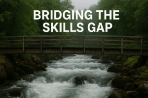A rushing river with a bridge over the top. Above the bridge it reads 'bridging the skills gap'