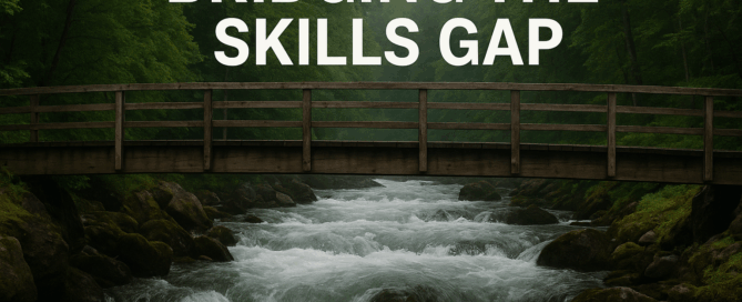 A rushing river with a bridge over the top. Above the bridge it reads 'bridging the skills gap'
