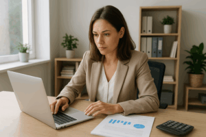 MTD. A woman working on a laptop while sat at a desk
