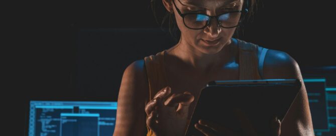 Clients Are using AI/ Lady using a tablet which has AI on it