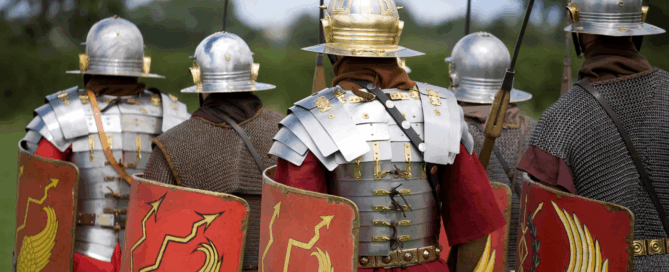 Roman legion. A group of armoured soldiers heading to battle