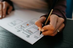 bespoke automation. A lady designing something with a paper and pen