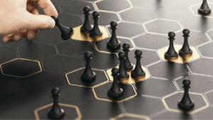 AI strategy. Chess pieces on hexagon shapes