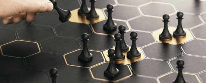 AI strategy. Chess pieces on hexagon shapes