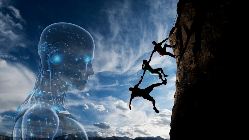 AI Governance - people scaling a wall holding onto eachother. An ai bot looking towards them